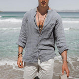 Men's Solid Color Cotton And Linen Loose Stand Collar Pocket Long Sleeve Shirt 06332508Z