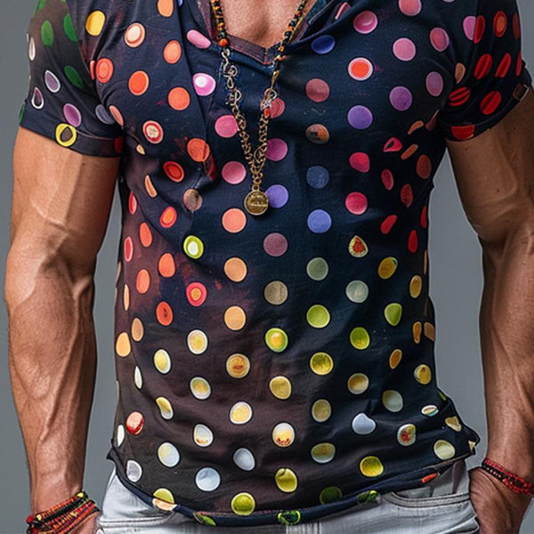 Men's Rainbow Polka Dot Print V-Neck Short Sleeve T-Shirt 53948973Y