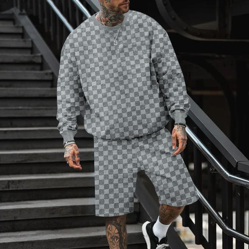 Men's Casual Checkerboard Round Neck Loose Long-sleeved Sweatshirt Sports Shorts Set 53822799M