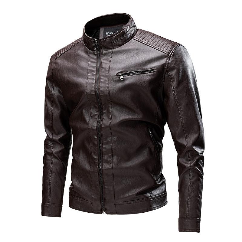 Men's Solid Color Leather Zip-Up Motorcycle Jacket 27903055U