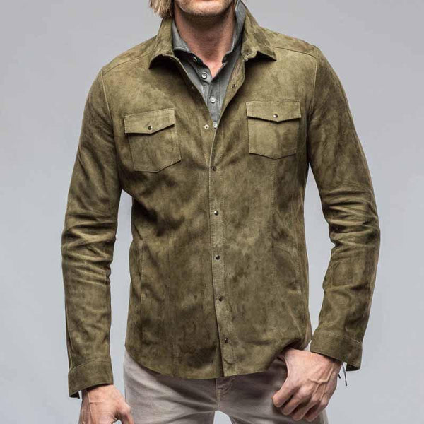 Men's Solid Color Suede Lapel Long Sleeve Shirt Jacket 61391775Z