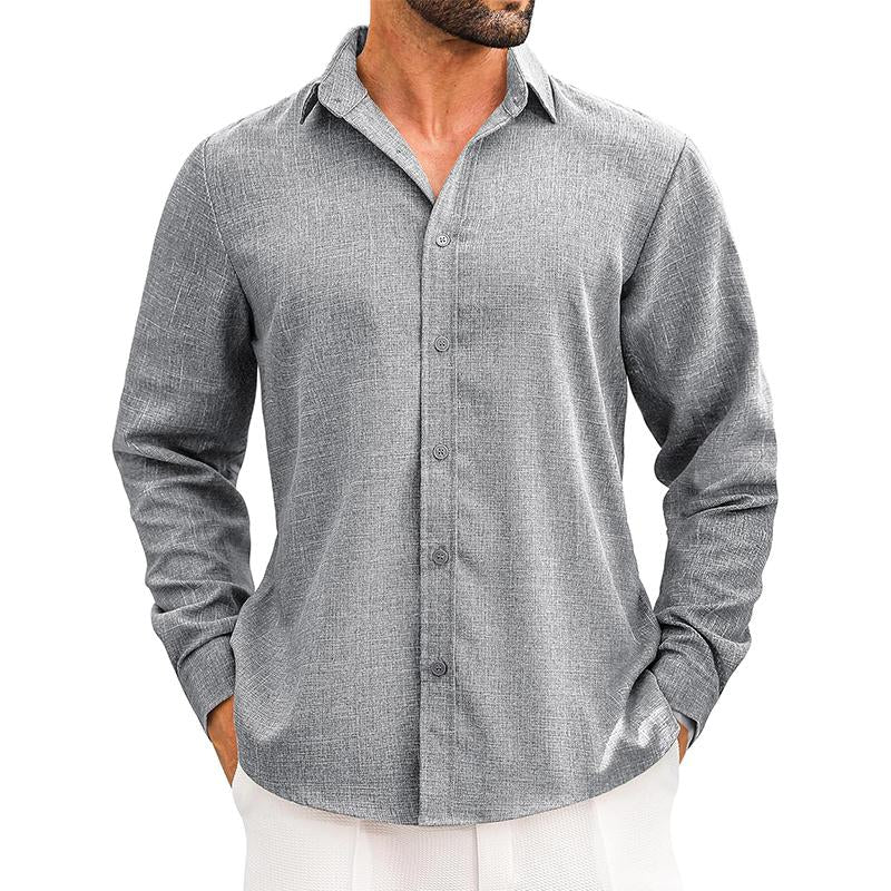 Men's Cotton and Linen Lapel Long-sleeved Shirt 17808727X