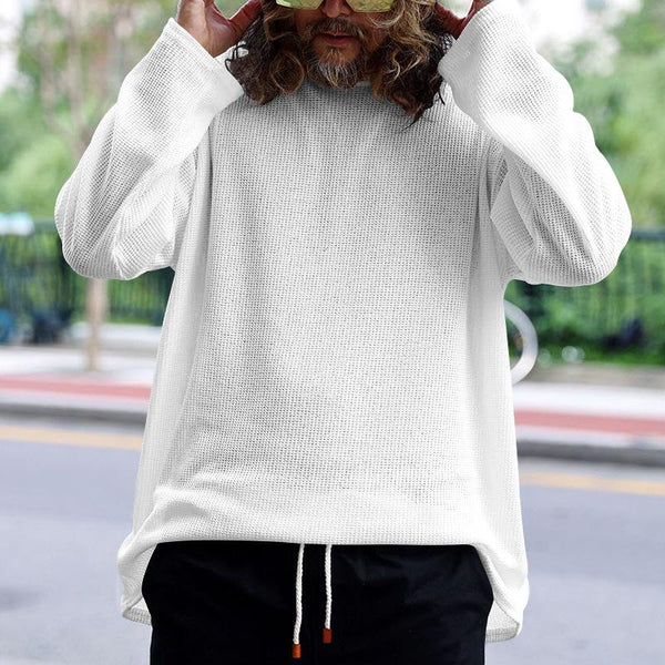 Men's Solid Color Knitted Waffle Loose Round Neck Long Sleeve T-Shirt 57565233Y