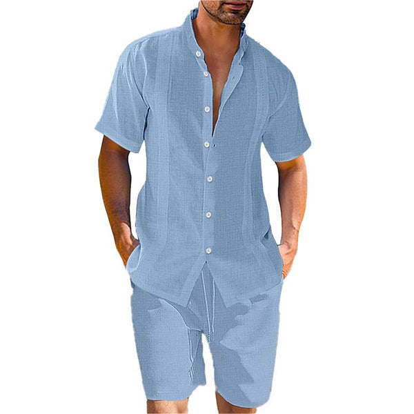 Men's Casual Stand Collar Solid Color Short Sleeve Shirt Shorts Set 87010796Y