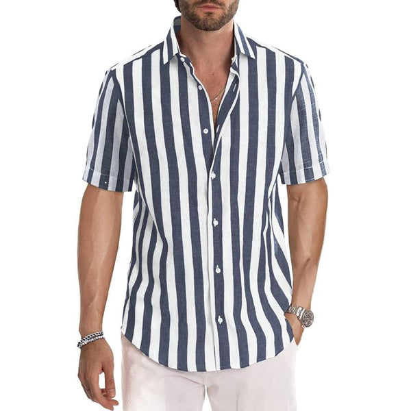 Men's Casual Cotton Blend Striped Lapel Short Sleeve Shirt 29471211M