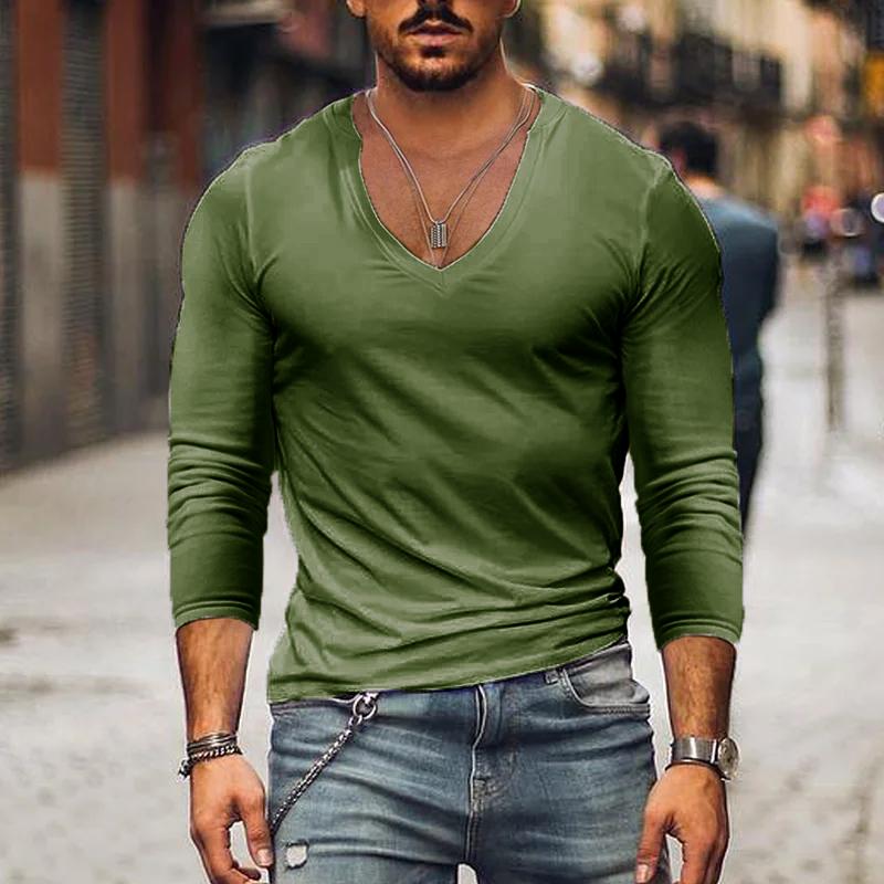 Men's Casual Solid Color V-Neck Long Sleeve T-Shirt 34397224Y