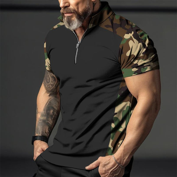 Men's Casual Camouflage Color Block Zipper Polo T-shirt 76245379TO
