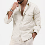 Men's Solid Lapel Breast Pocket Long Sleeve Cargo Shirt 02290668Z