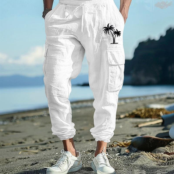 Men's Casual Coconut Tree Print Elastic Waist Multi-Pocket Loose Pants 84056685M