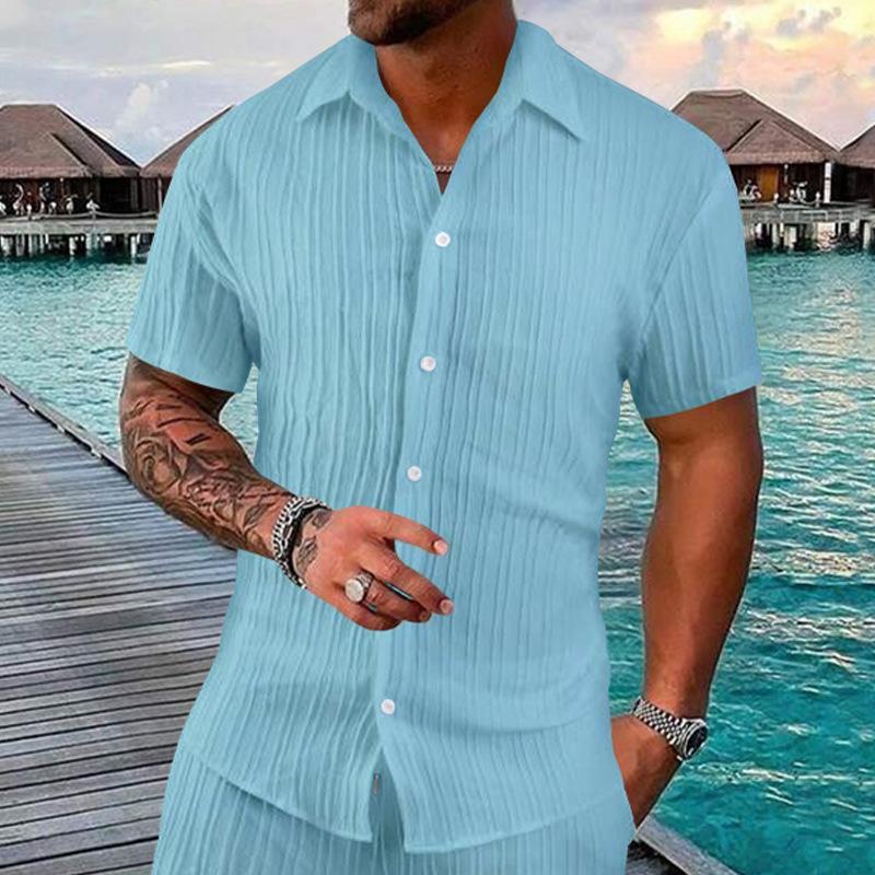 Men's Solid Color Beach Pleated Short Sleeve Shirt 54907046Y