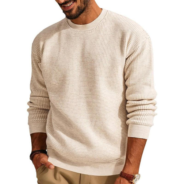 Men's Solid Color Crew Neck Pullover Waffle Knit Sweater 33644630X