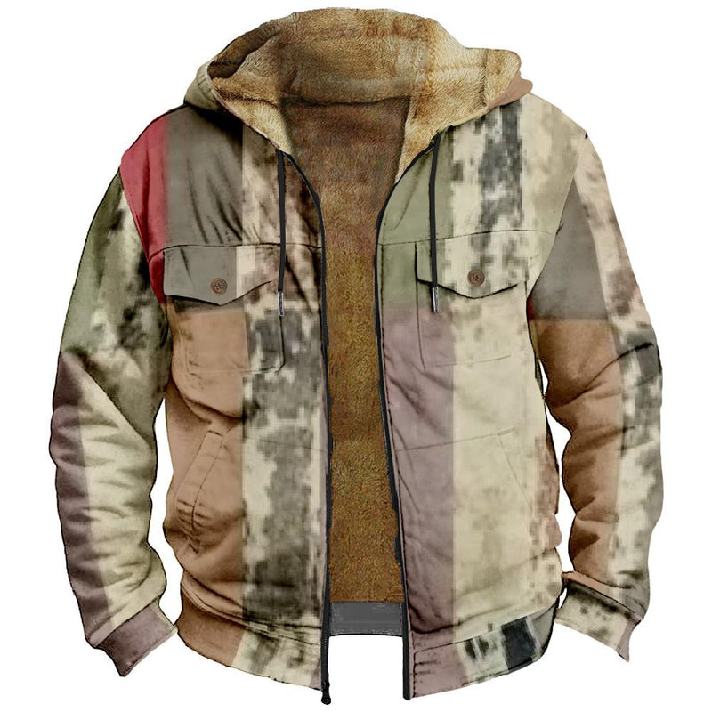Men's Color Block Hooded Plush Multi-pocket Zipper Casual Jacket 92778648Z