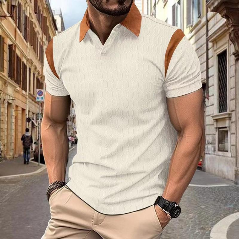 Men's Waffle Color Block Lapel Short Sleeve POLO Shirt 65522178X