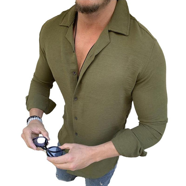 Men's Vintage Solid Color Lapel Long Sleeve Shirt 64995460Y