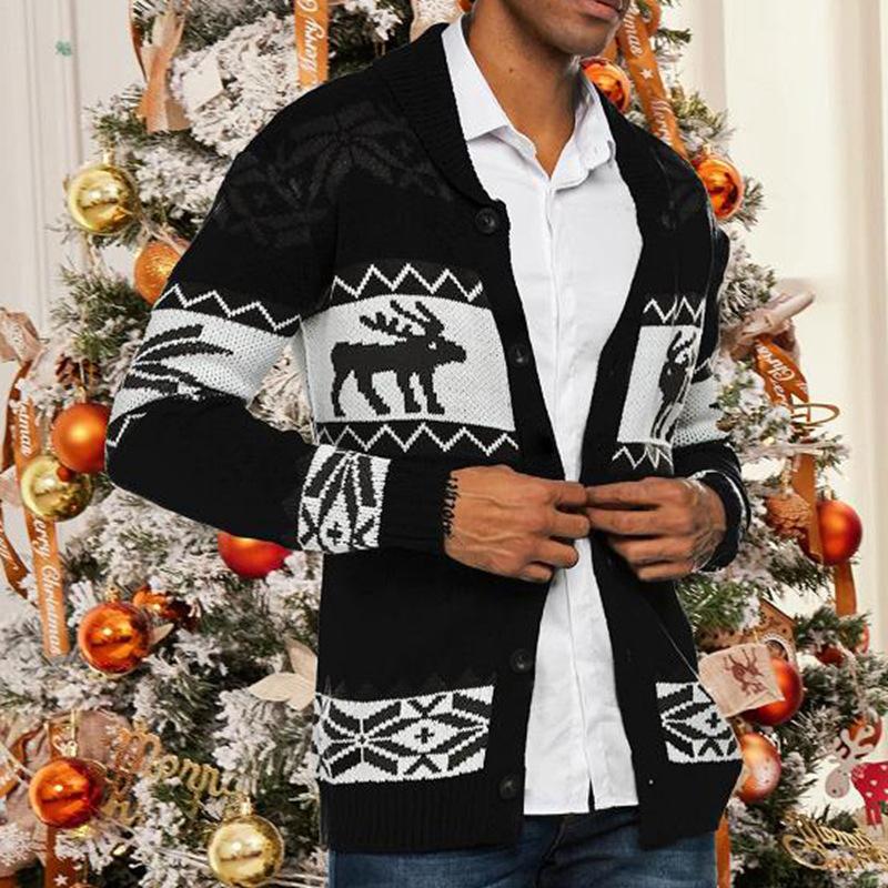 Men's Christmas Elk Lapel Single Breasted Knitted Cardigan 43843415Z