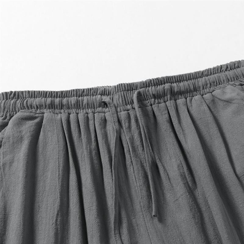 Men Solid Color Cotton Linen Loose Drawstring Cropped Pants 15770256Y