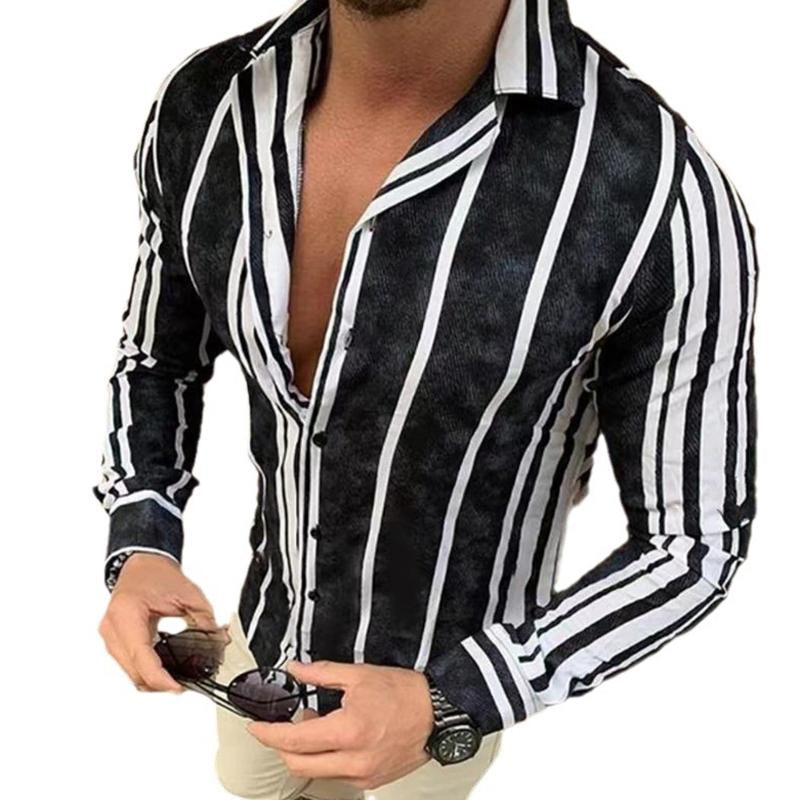 Men's Long Sleeve Lapel Button Striped Shirt 73891942X