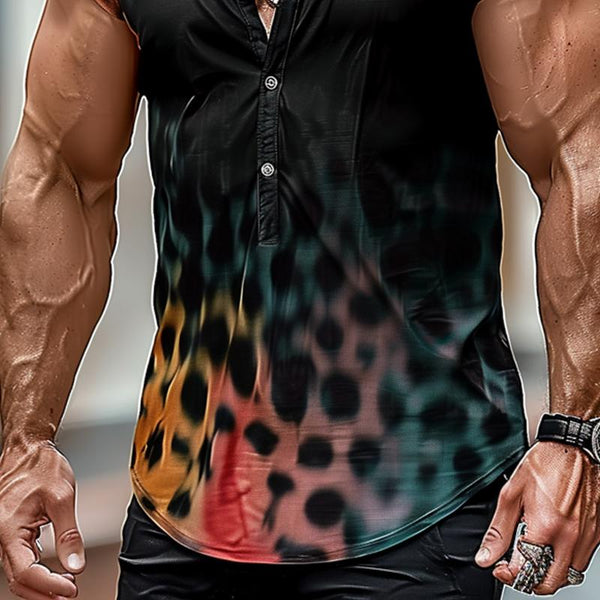 Men's Gradient Leopard Print Henley Collar Short Sleeve Shirt 09077624Y