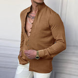 Men's Casual Cotton Linen Button-down Stand Collar Loose Long-sleeved Shirt 05267262M