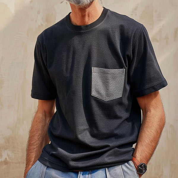 Men's Casual Cotton Colorblock Round Collar Patch Pocket Short Sleeve T-Shirt 75716183M