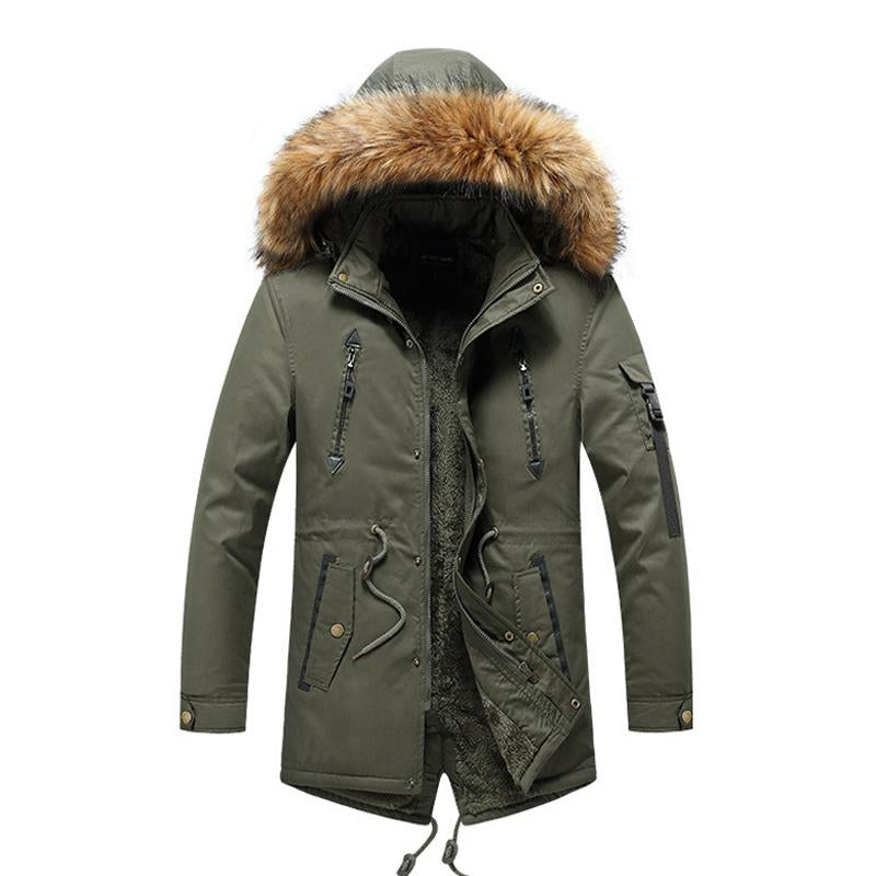 Men's Casual Outdoor Fleece Mid-Length Hooded Fur Collar Workwear Coat 17295871M
