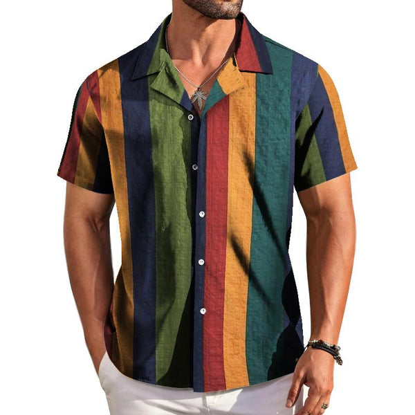 Men's Retro Colorful Striped Lapel Short Sleeve Shirt 01510924TO