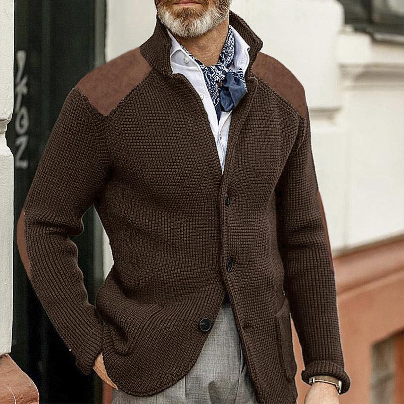 Blazer lavorato a maglia a maniche lunghe con colletto alto vintage da uomo, modello patchwork, slim fit 67697292M