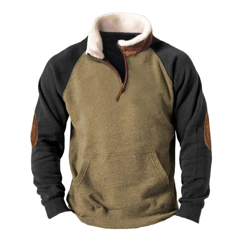 Men's Vintage Color Block Print Stand Collar Long Sleeve Pullover Sweatshirt 06121654M