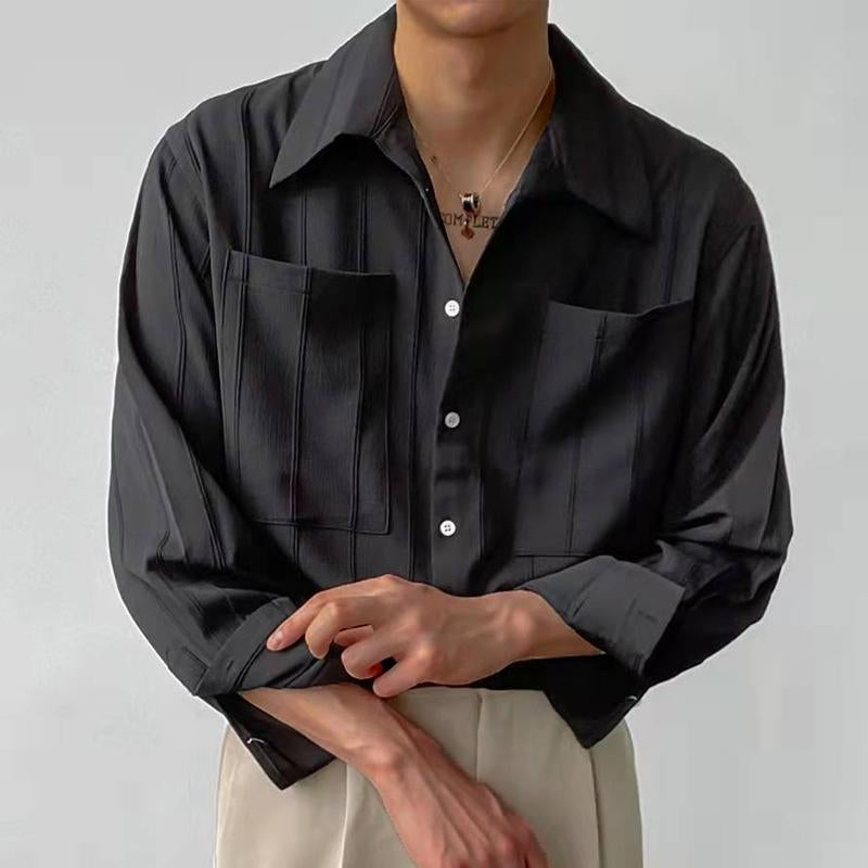 Men's Solid Color Pleated Double Breast Pocket Long Sleeve Shirt 43700371Y