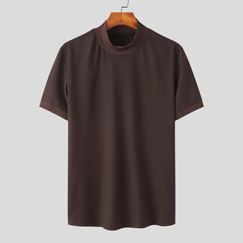 Men's Half Turtleneck Solid Color Tight Knitted Short-Sleeved T-Shirt 47280589Y