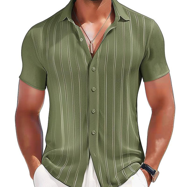 Men's Casual Striped Patchwork Lapel Single-Breasted Short-Sleeved Shirt 01293118M