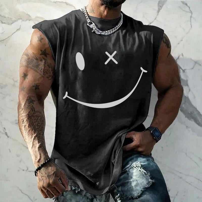 Men's Sports Loose Smiley Printed Crew Neck Tank Top 04348213Y