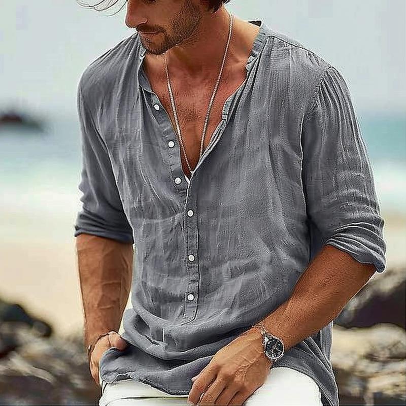 Camisa informal de algodón y lino con cuello alto y manga larga para hombre 85205184M