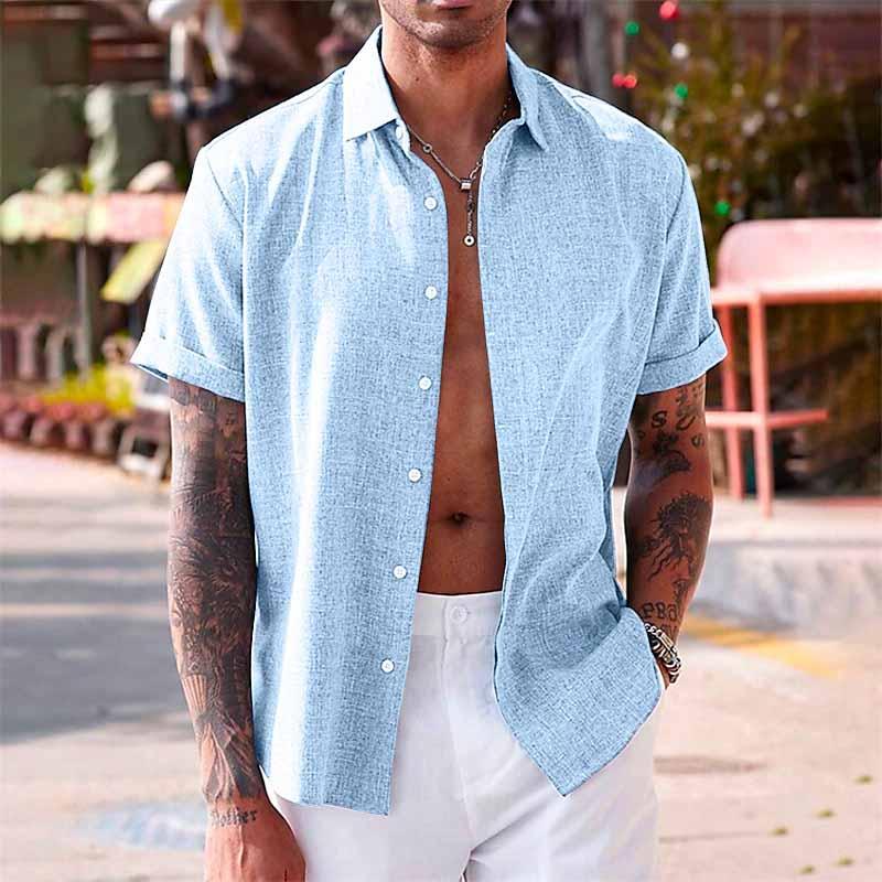 Chemise à manches courtes en coton et lin à revers de couleur unie pour hommes 82339241X