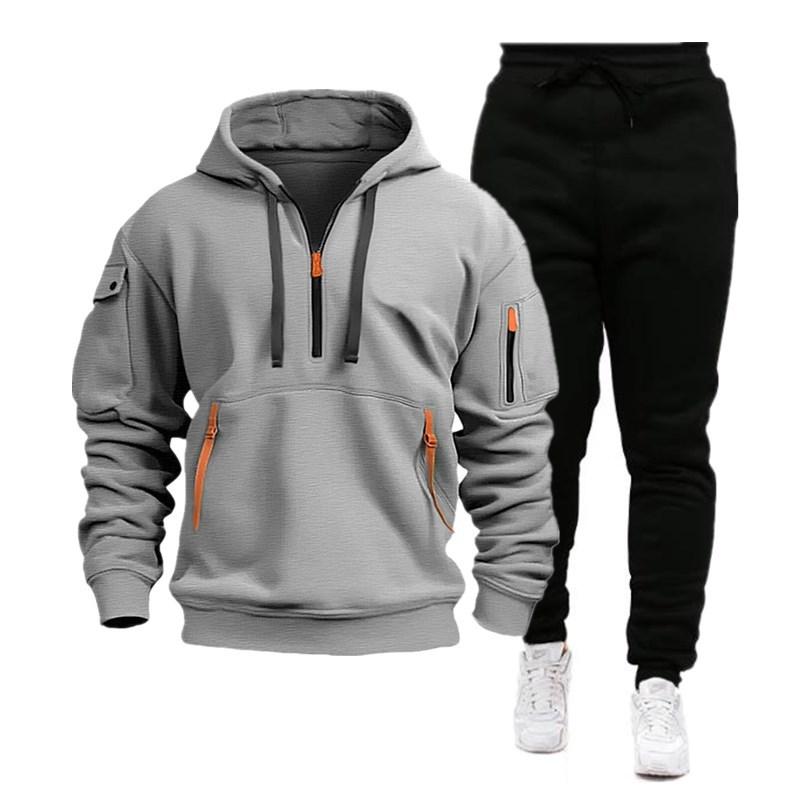 Men's Casual Zipper Collar Loose Long-sleeved Sports Hoodie Sweatpants Set 94245181M