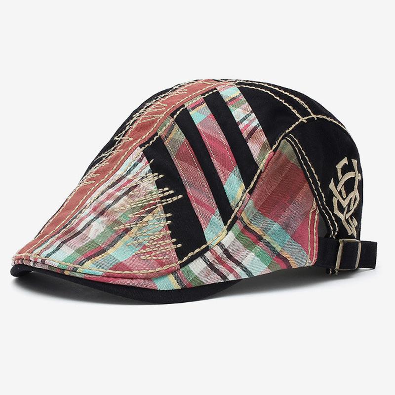 Men's Retro Stitching Plaid Beret Hat 35528198U