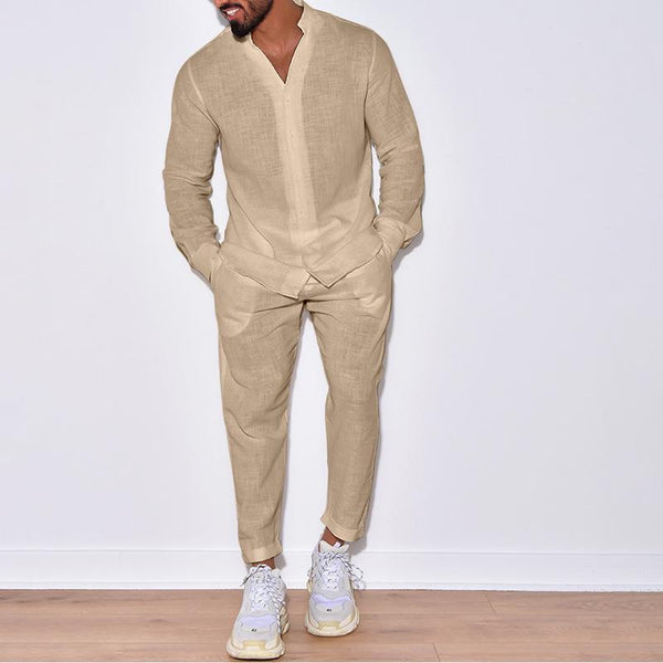 Men's Solid Loose Linen Stand Collar Long Sleeve Shirt Trousers Set 87851380Z
