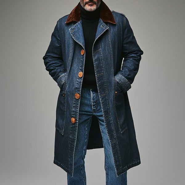 Men's Retro Casual Washed Denim Colorblock Mid-Length Coat 86980697TO