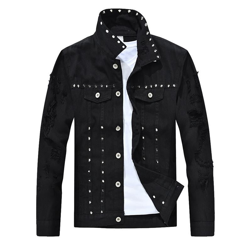 Men's Riveted Motorcycle Denim Ripped Jacket 41603325U