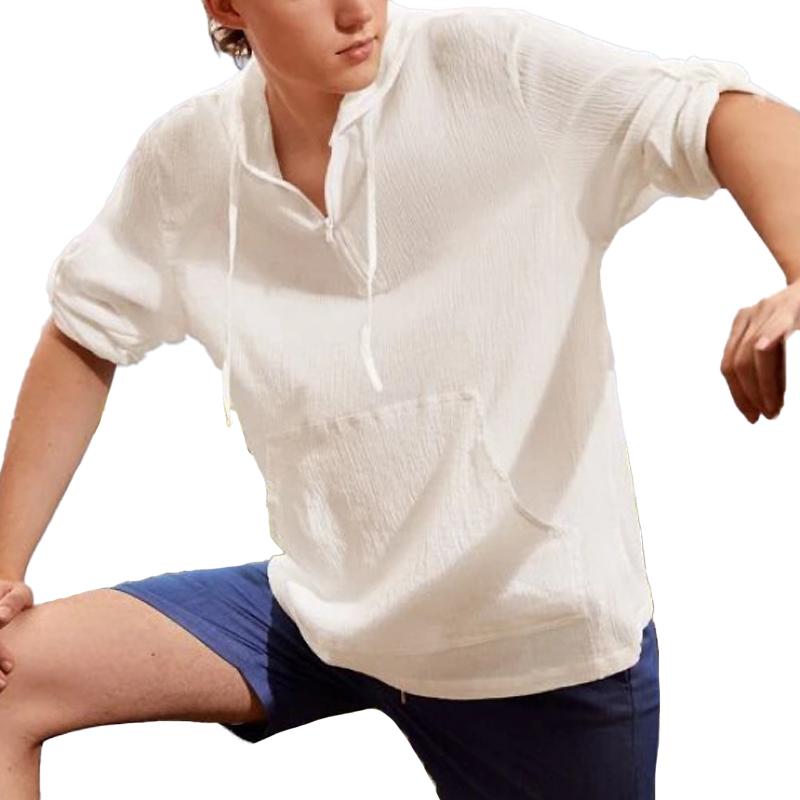 Men's Casual Solid Color Half Zip Kangaroo Pocket Hooded Shirt 24349580Y