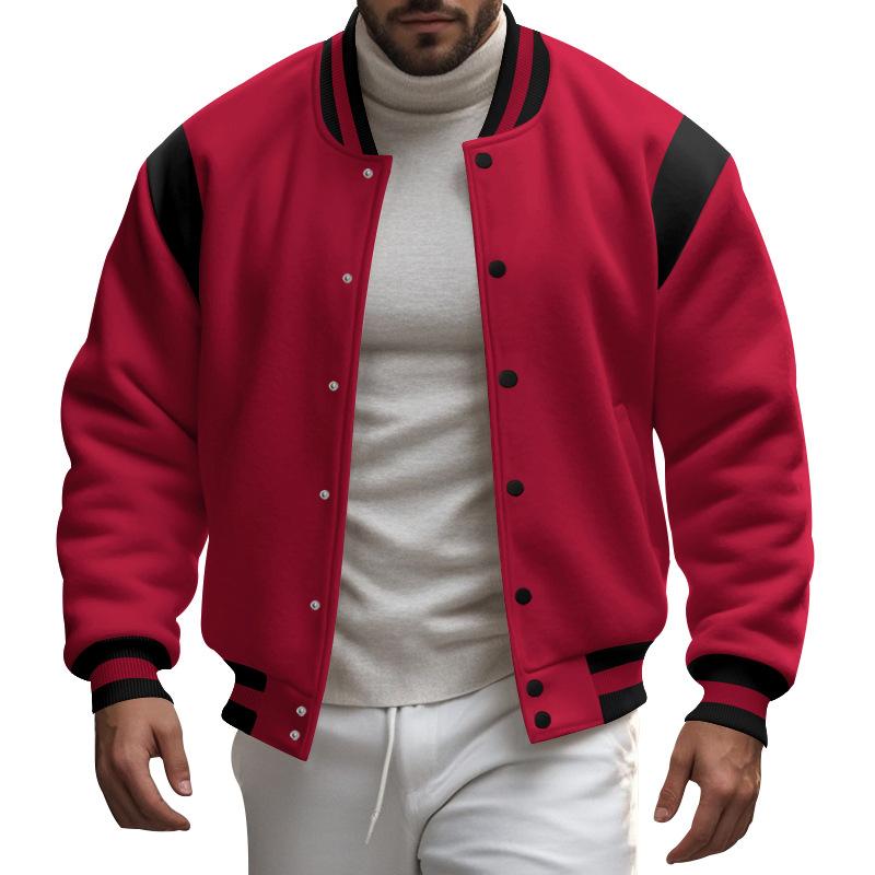 Men's Casual Colorblock Plus Velvet Stand Collar Baseball Jacket 22354630Y