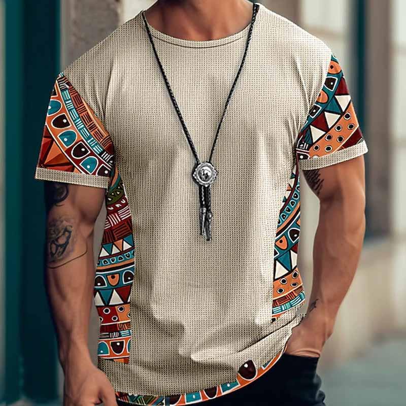 Men's Retro Geometric Print Round Neck Short Sleeve T-Shirt 15635497X
