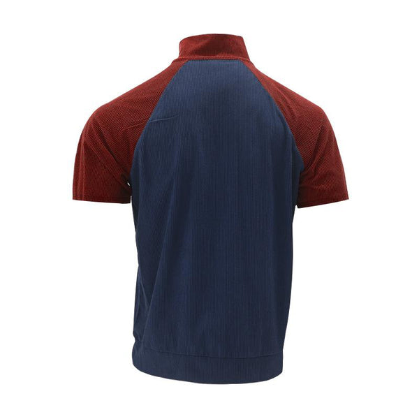 Men's Casual Corduroy Stand Collar Raglan Sleeve Color Block Short Sleeve POLO Shirt 65420184Y