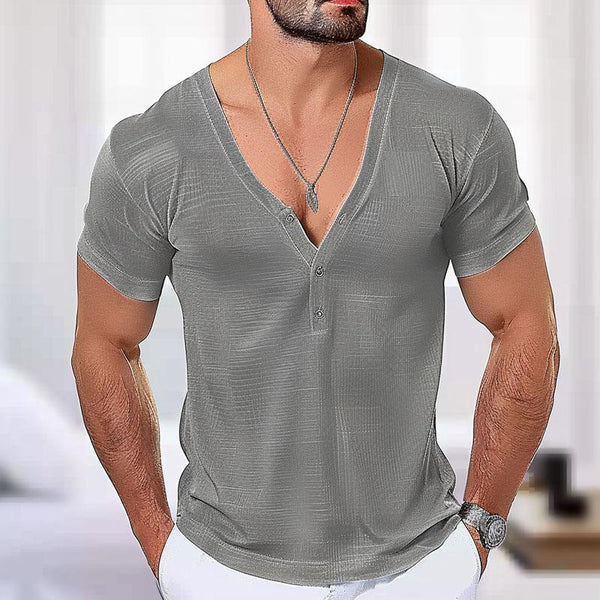 Men's Casual Cotton Linen Lblended Deep V-Neck Slim Short-Sleeved T-Shirt 69278975M