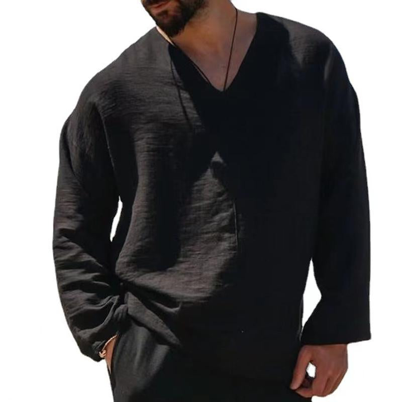Men's Casual Solid Color Cotton And Linen V-Neck Long-Sleeved Shirt 19196786Y