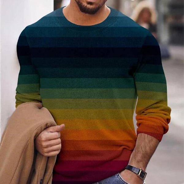 Men's Vintage Rainbow Print Long Sleeve Crewneck T-Shirt 10687654X