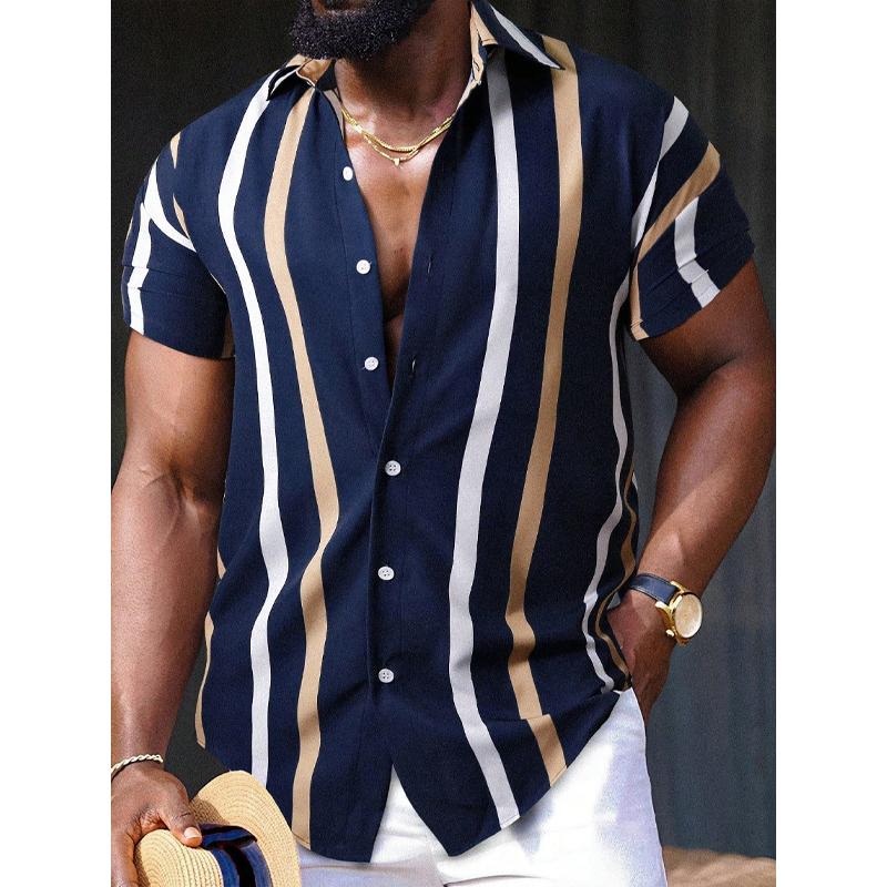 Men's Casual Striped Printed Lapel Short Sleeve Shirt 20632093Y