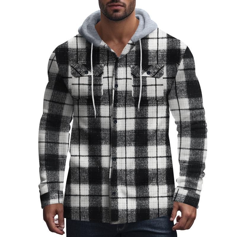 Men's Casual Plaid Hooded Flannel Multi-Pocket Shirt Jacket 69038680X