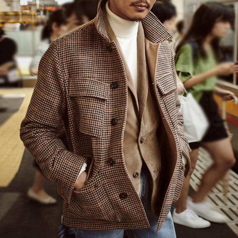 Veste à revers multi-poches vintage à motif pied-de-poule pour homme 47384123Y