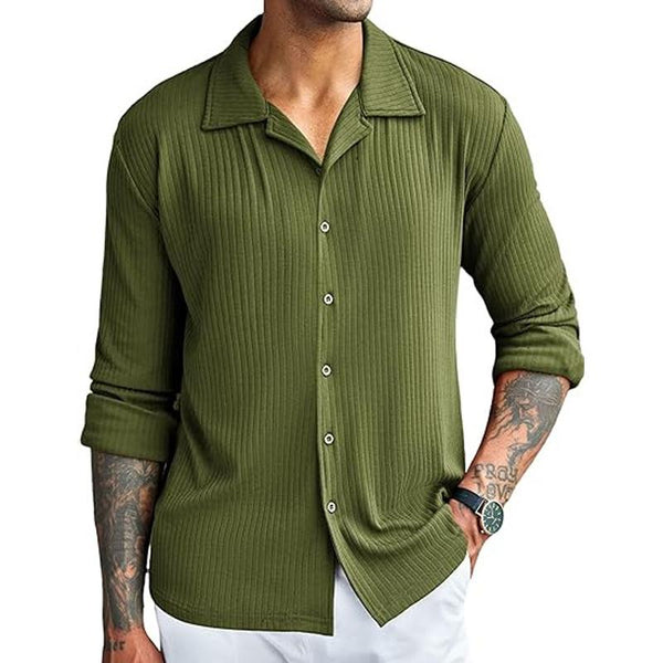 Men's Casual Solid Color Striped Lapel Long Sleeve Shirt 07644931Y